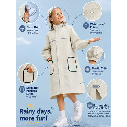 Beige Pocket Patch long Length Raincoat for Kids & Teens