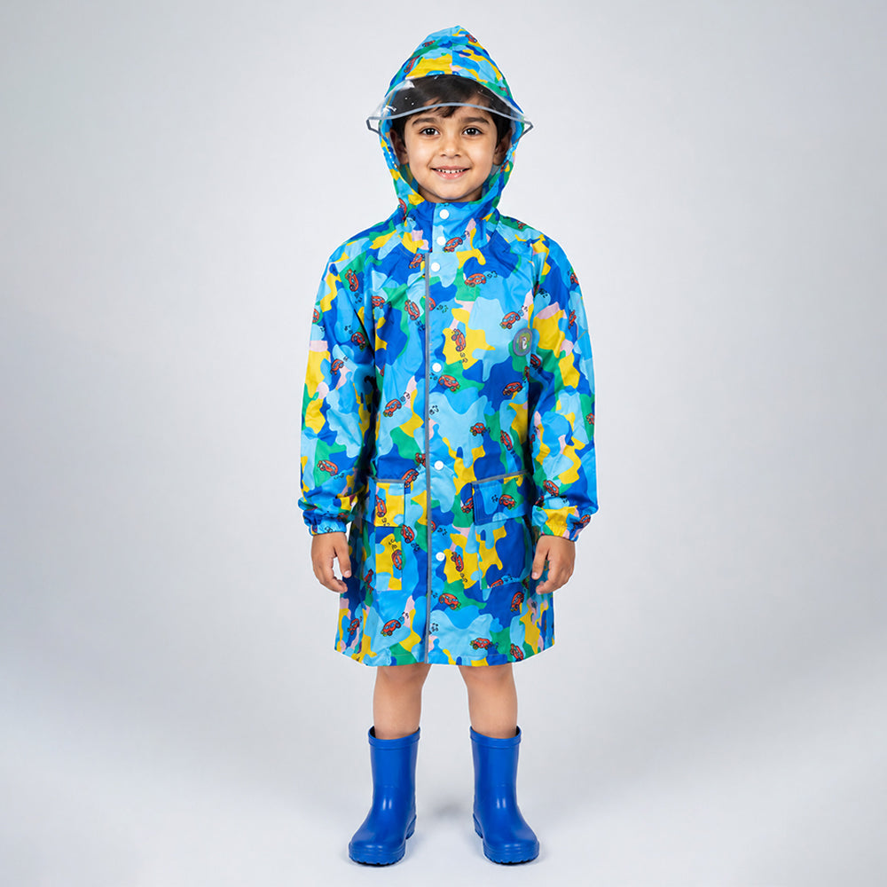 Blue Color Pop Car Print Knee-Length Raincoat for Kids