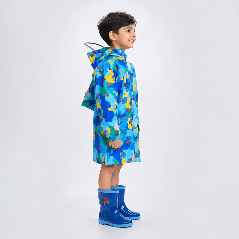 Blue Color Pop Car Print Knee-Length Raincoat for Kids