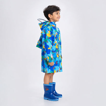 Blue Color Pop Car Print Knee-Length Raincoat for Kids