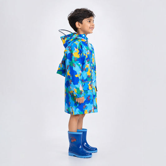 Blue Color Pop Car Print Knee-Length Raincoat for Kids