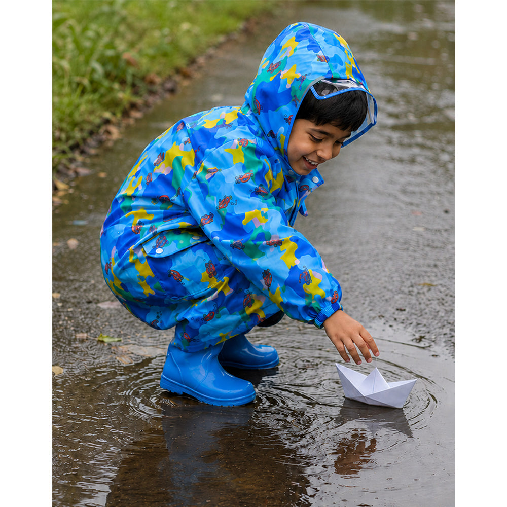 Blue Color Pop Car Print Knee-Length Raincoat for Kids