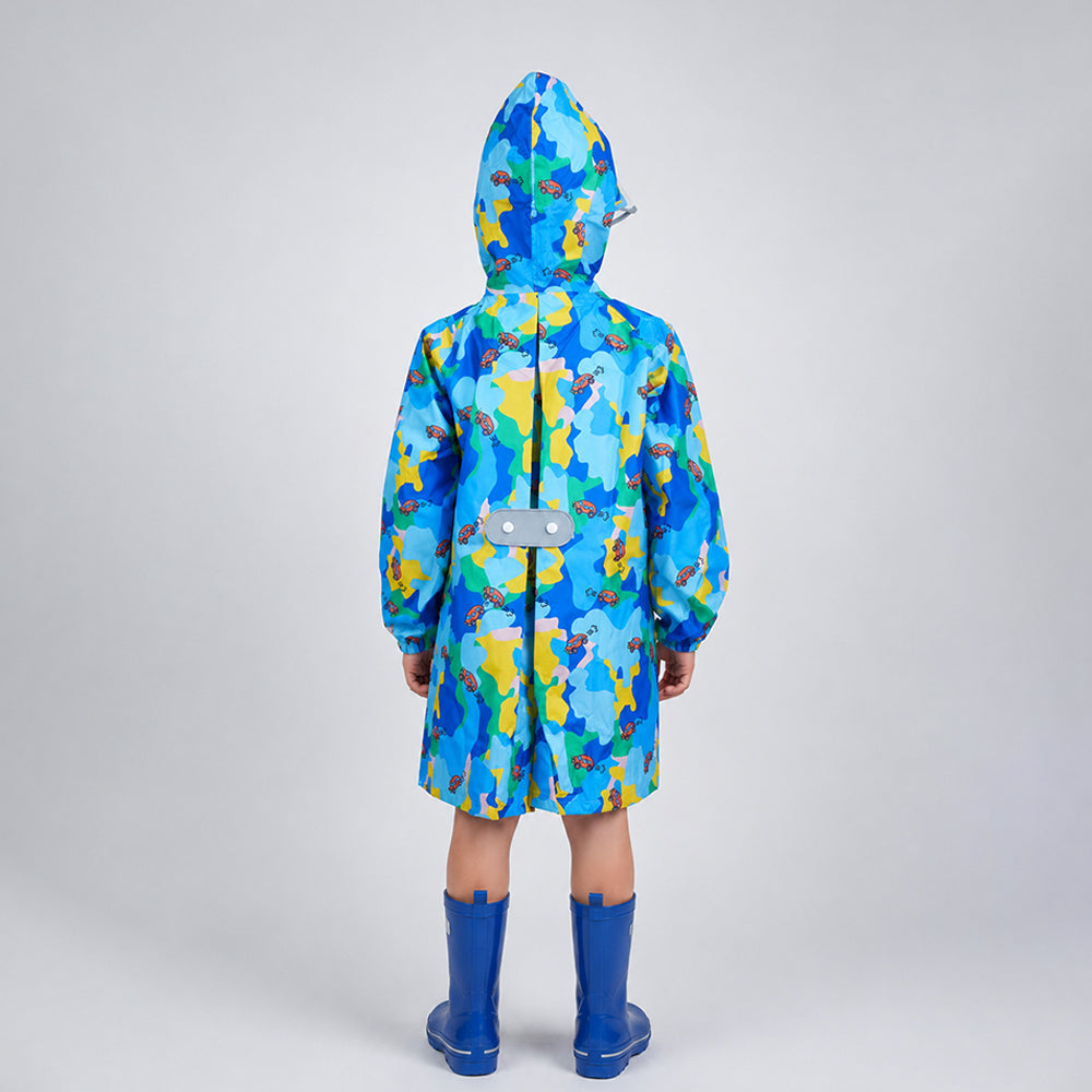 Blue Color Pop Car Print Knee-Length Raincoat for Kids