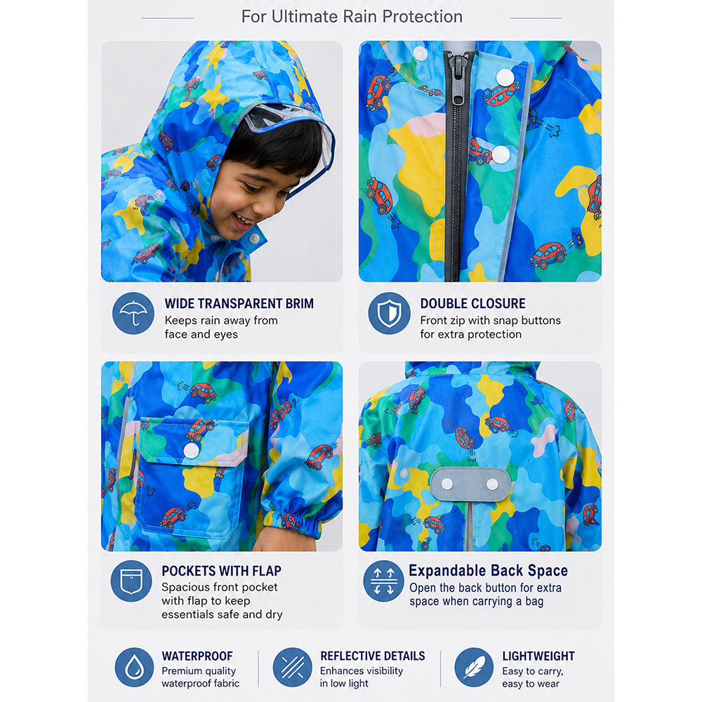 Blue Color Pop Car Print Knee-Length Raincoat for Kids