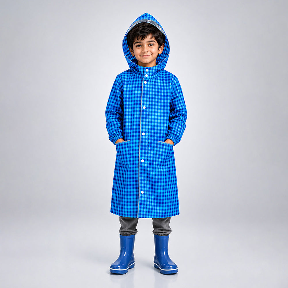 Blue Gingham Checks Knee-Length Raincoat for Kids & Teens
