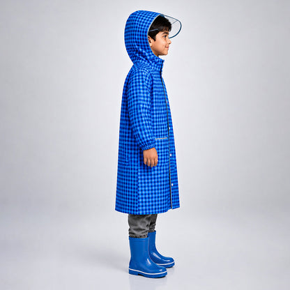 Blue Gingham Checks Knee-Length Raincoat for Kids & Teens
