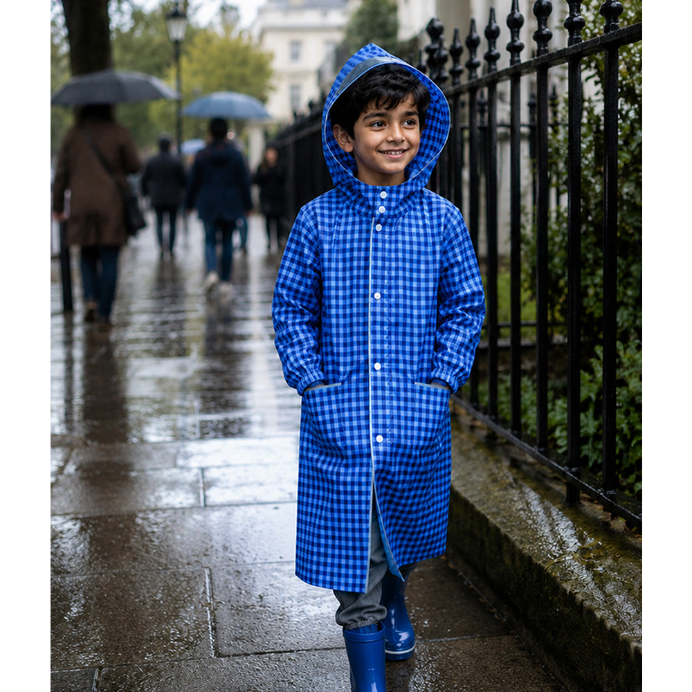 Blue Gingham Checks Knee-Length Raincoat for Kids & Teens