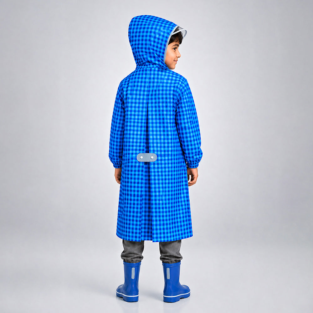 Blue Gingham Checks Knee-Length Raincoat for Kids & Teens
