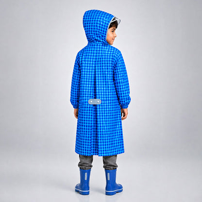 Blue Gingham Checks Knee-Length Raincoat for Kids & Teens
