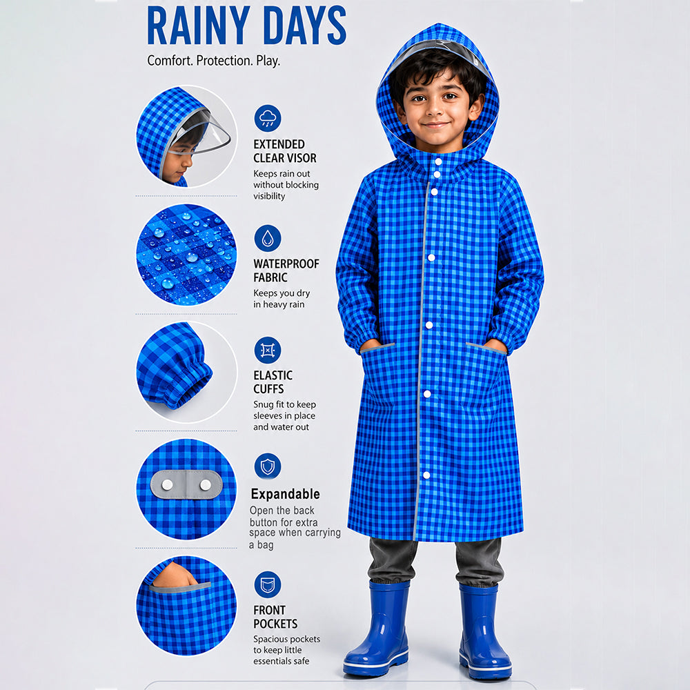 Blue Gingham Checks Knee-Length Raincoat for Kids & Teens