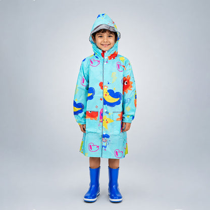 Blue Sunshine Doodle Knee-Length Raincoat for Kids