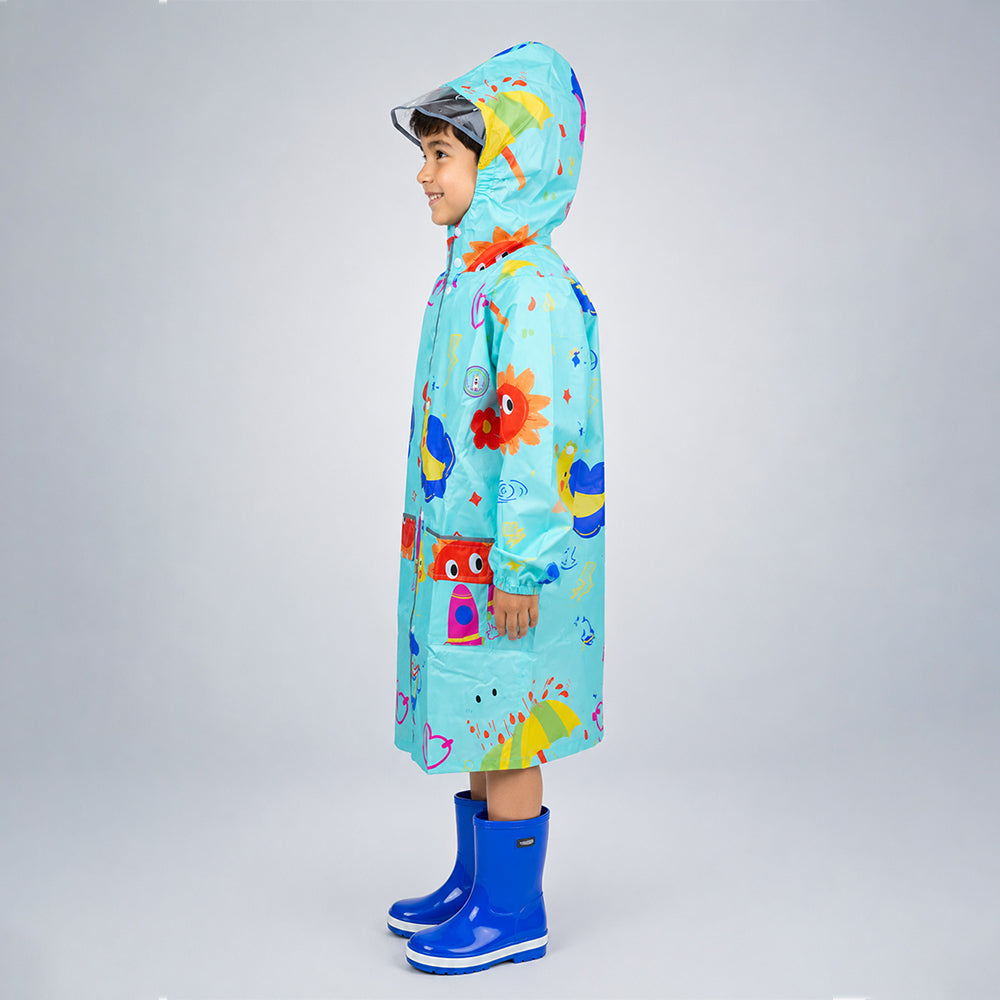 Blue Sunshine Doodle Knee-Length Raincoat for Kids