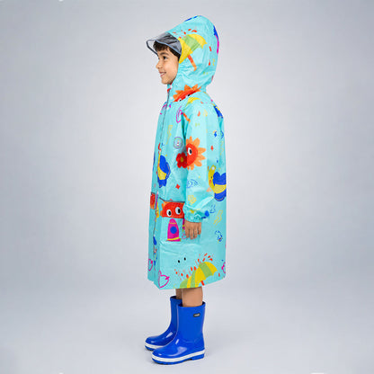 Blue Sunshine Doodle Knee-Length Raincoat for Kids