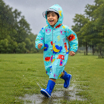 Blue Sunshine Doodle Knee-Length Raincoat for Kids