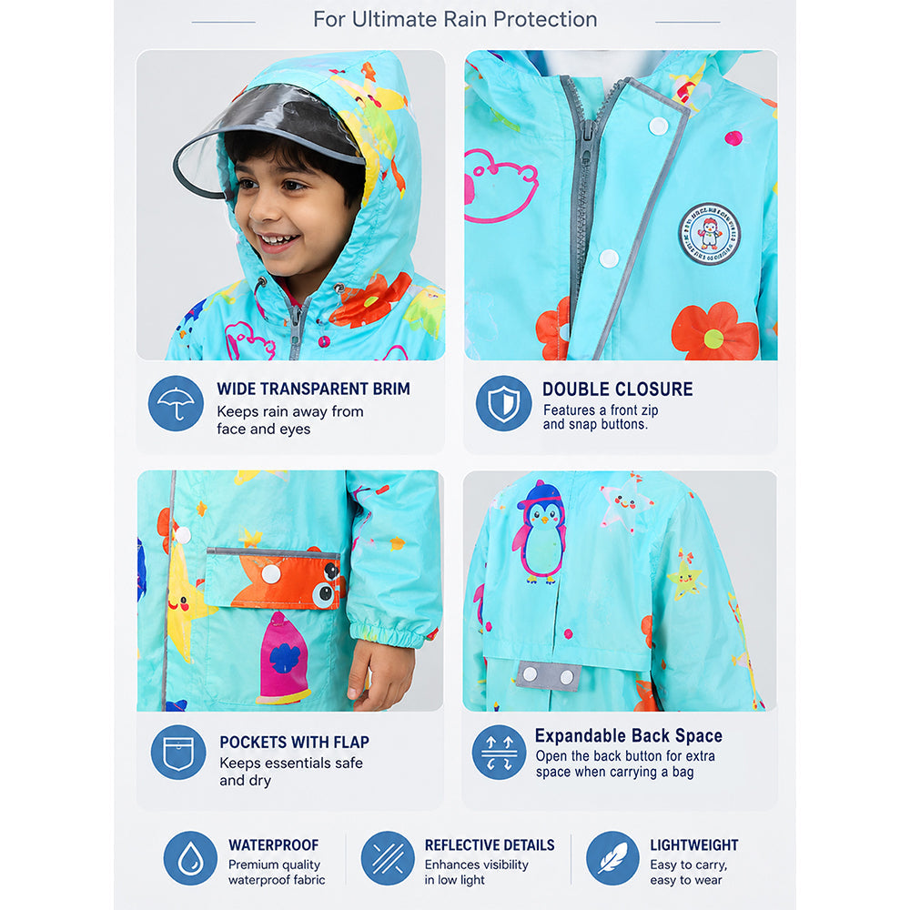 Blue Sunshine Doodle Knee-Length Raincoat for Kids