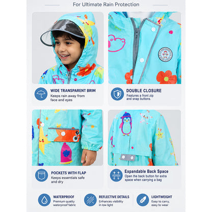 Blue Sunshine Doodle Knee-Length Raincoat for Kids
