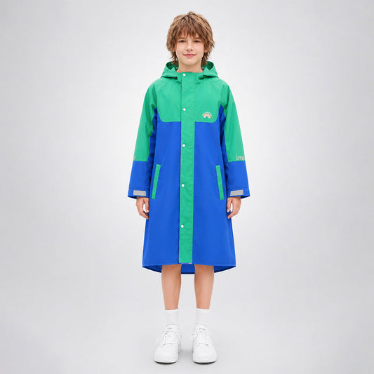 Blue & Green Colour-Block Knee-Length Raincoat for Kids & Teens