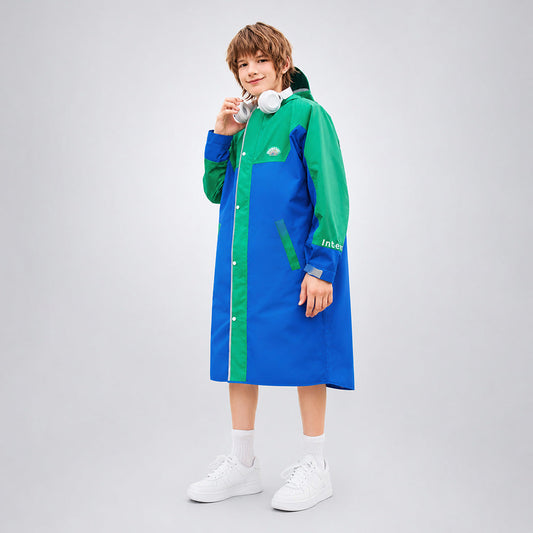 Blue & Green Colour-Block Knee-Length Raincoat for Kids & Teens