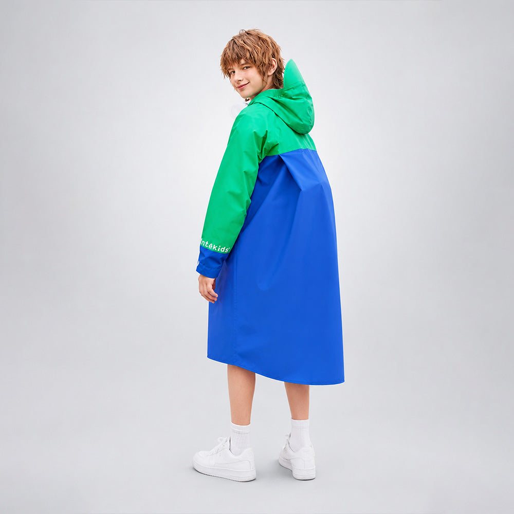 Blue & Green Colour-Block Knee-Length Raincoat for Kids & Teens