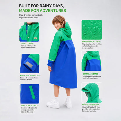 Blue & Green Colour-Block Knee-Length Raincoat for Kids & Teens