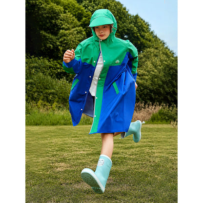 Blue & Green Colour-Block Knee-Length Raincoat for Kids & Teens
