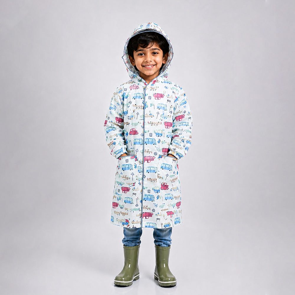 Cream Vintage Car Print Knee-Length Raincoat for Kids