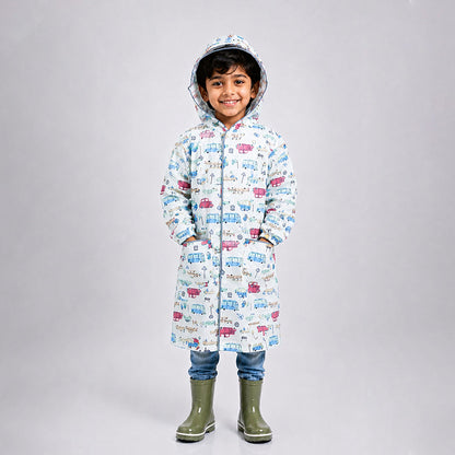 Cream Vintage Car Print Knee-Length Raincoat for Kids