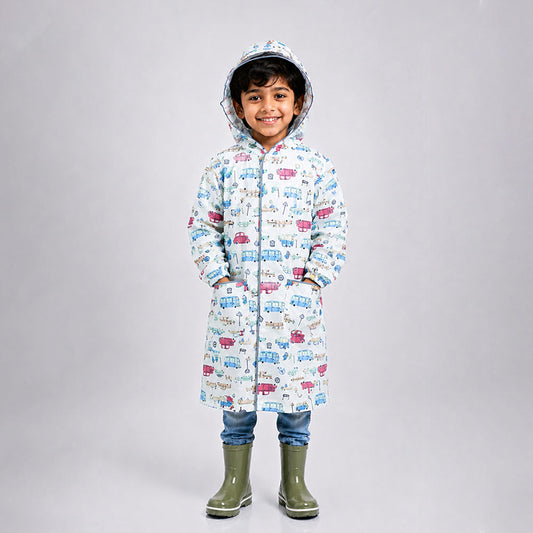 Cream Vintage Car Print Knee-Length Raincoat for Kids