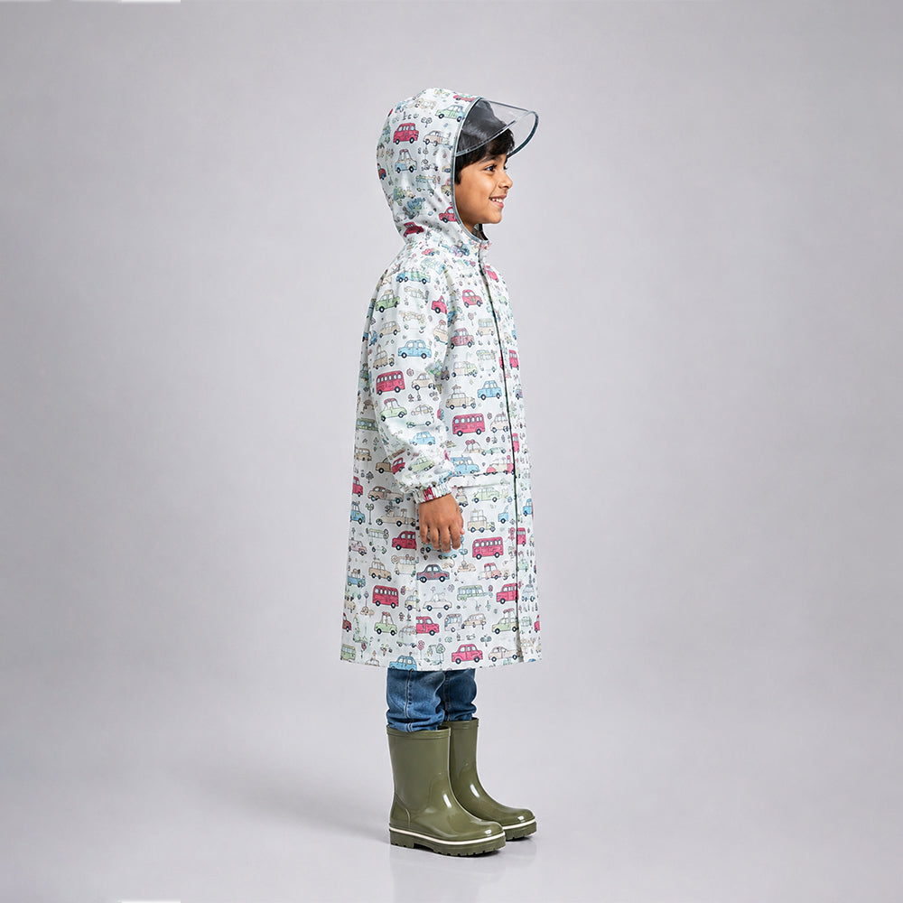 Cream Vintage Car Print Knee-Length Raincoat for Kids