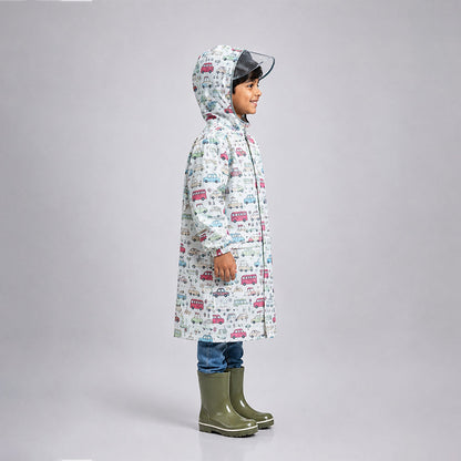 Cream Vintage Car Print Knee-Length Raincoat for Kids