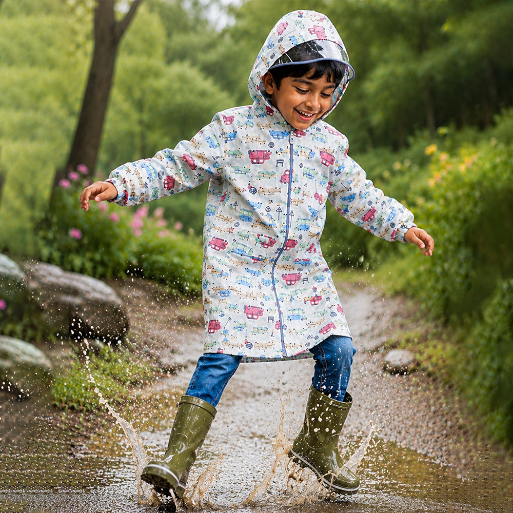 Cream Vintage Car Print Knee-Length Raincoat for Kids