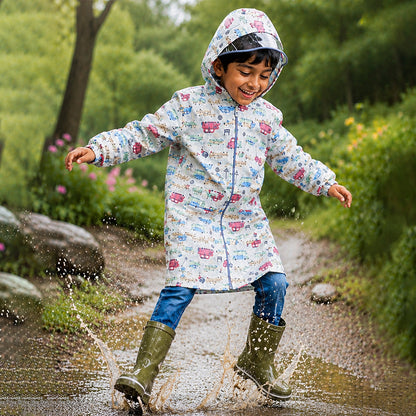 Cream Vintage Car Print Knee-Length Raincoat for Kids