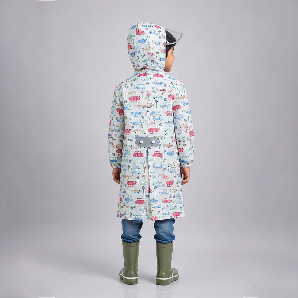Cream Vintage Car Print Knee-Length Raincoat for Kids