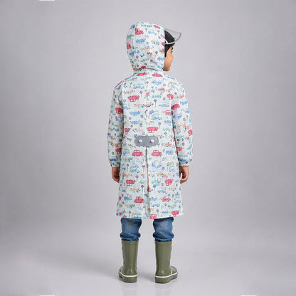 Cream Vintage Car Print Knee-Length Raincoat for Kids