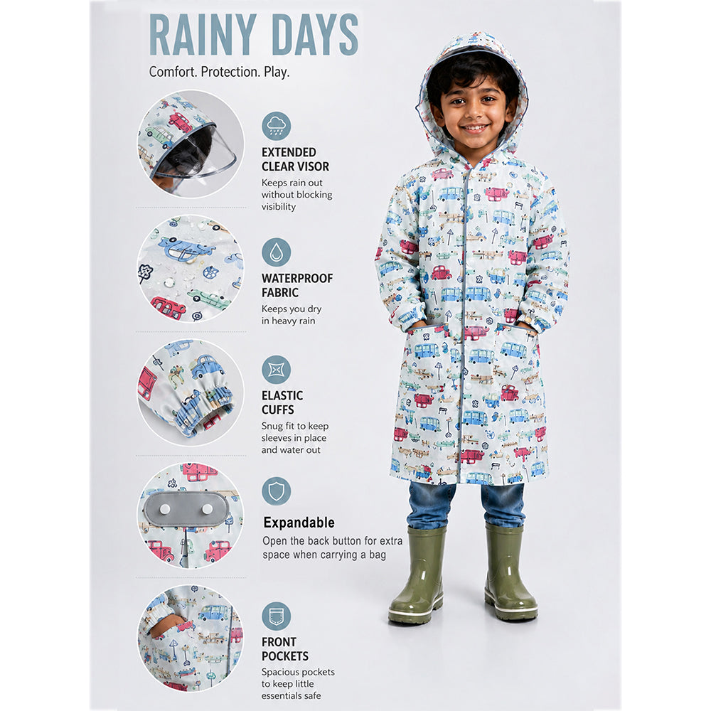 Cream Vintage Car Print Knee-Length Raincoat for Kids