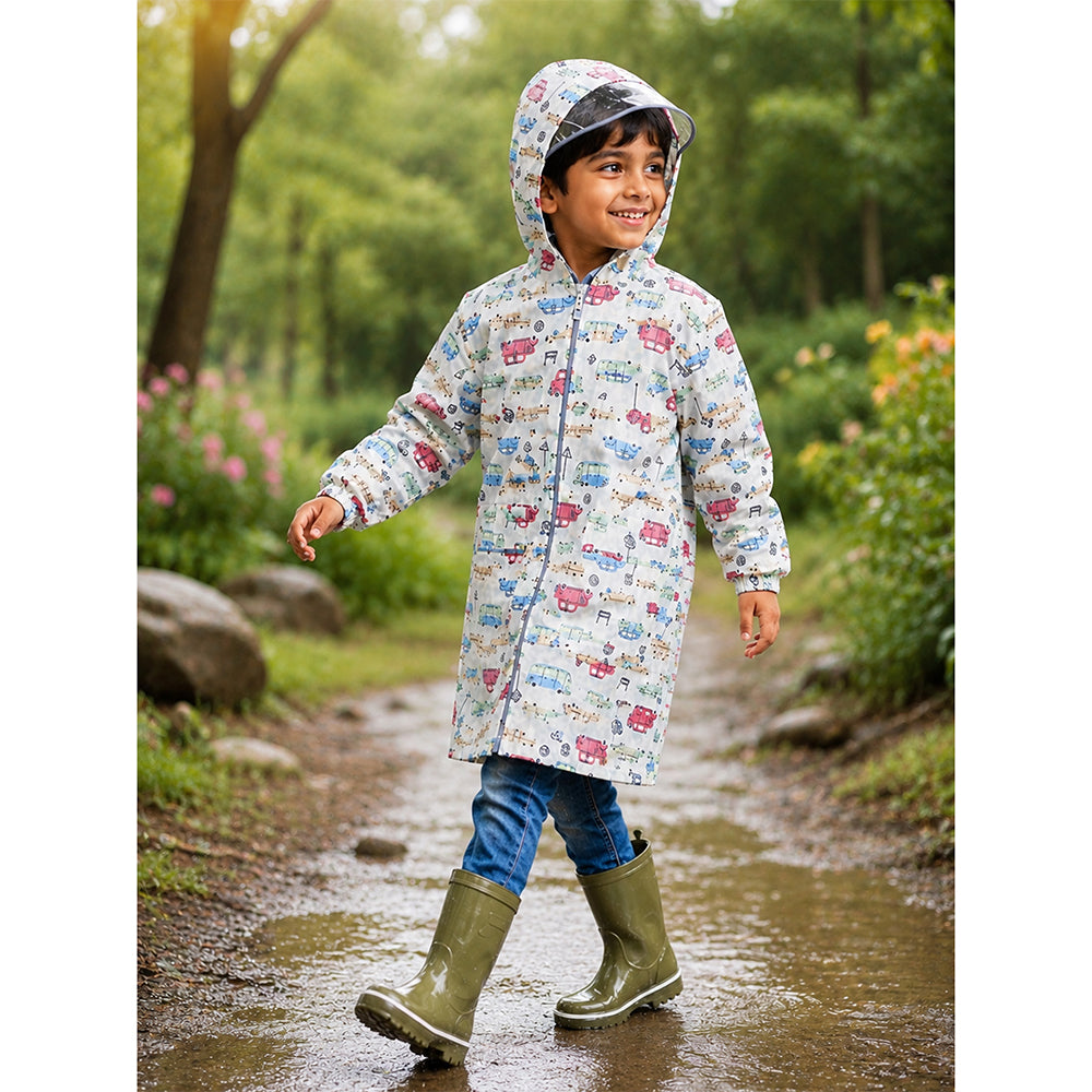 Cream Vintage Car Print Knee-Length Raincoat for Kids