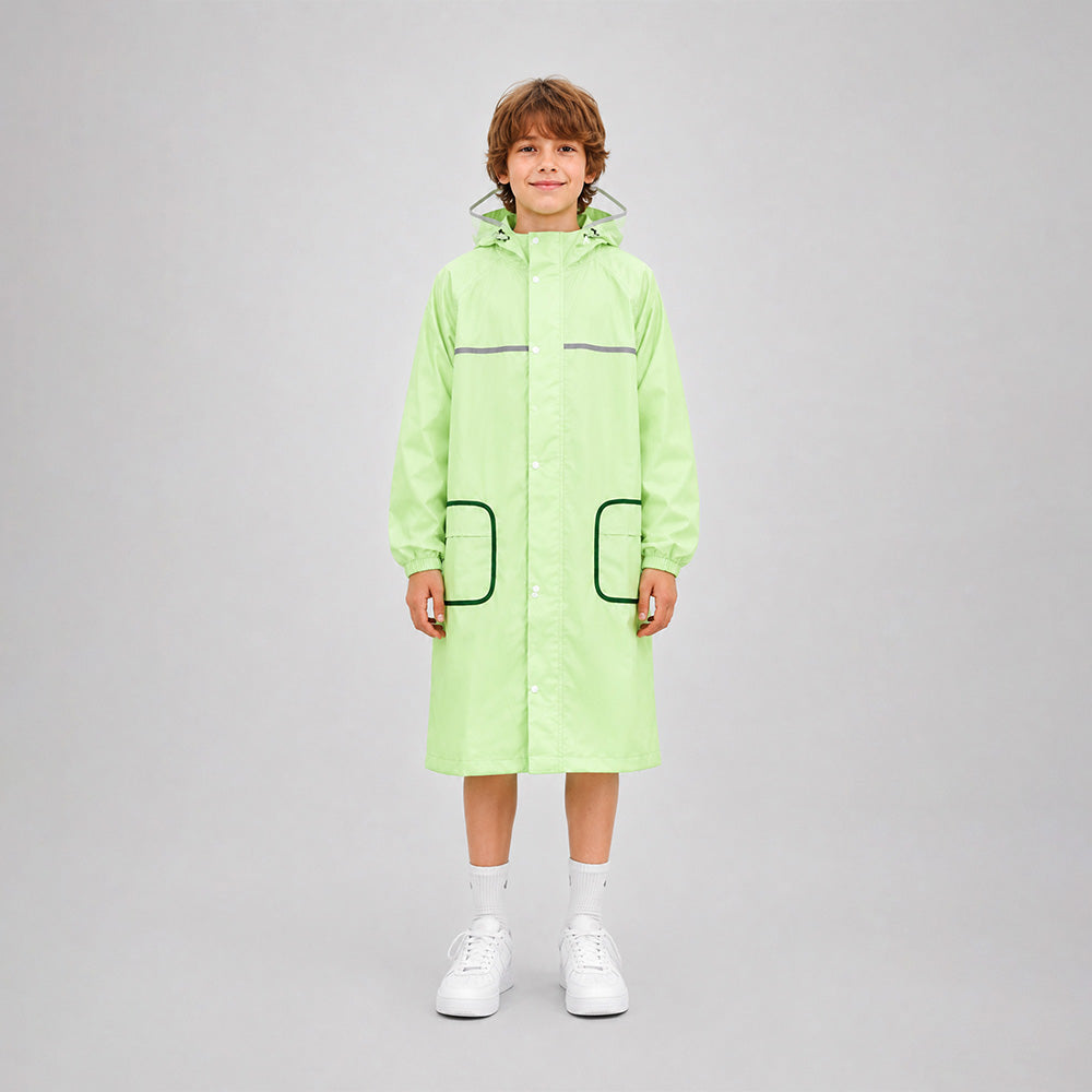 Green Pocket Patch long Length Raincoat for Kids & Teens