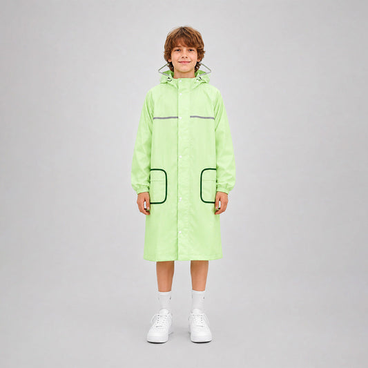 Green Pocket Patch long Length Raincoat for Kids & Teens