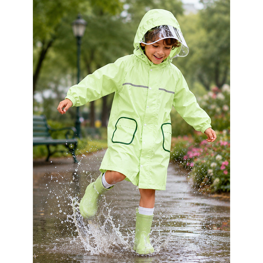 Green Pocket Patch long Length Raincoat for Kids & Teens