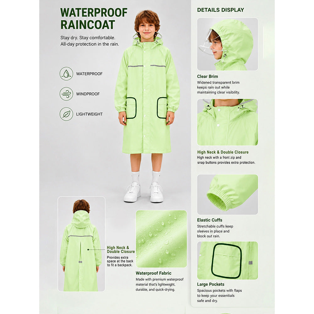 Green Pocket Patch long Length Raincoat for Kids & Teens