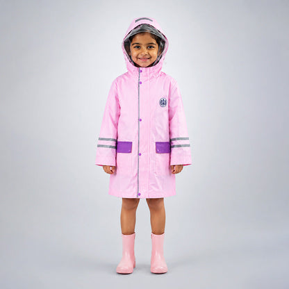 Minimal Pink & Purple Pocket Knee Length Raincoat for Kids & Teens