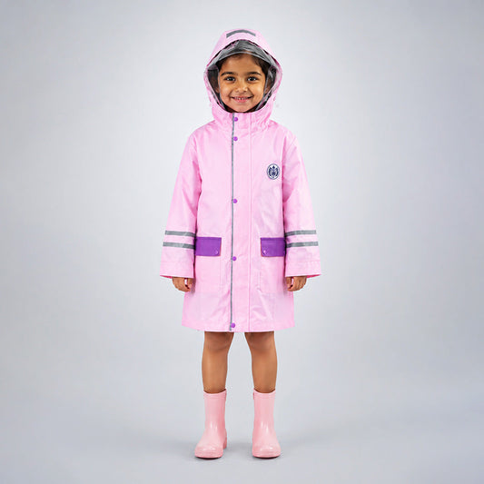 Minimal Pink & Purple Pocket Knee Length Raincoat for Kids & Teens
