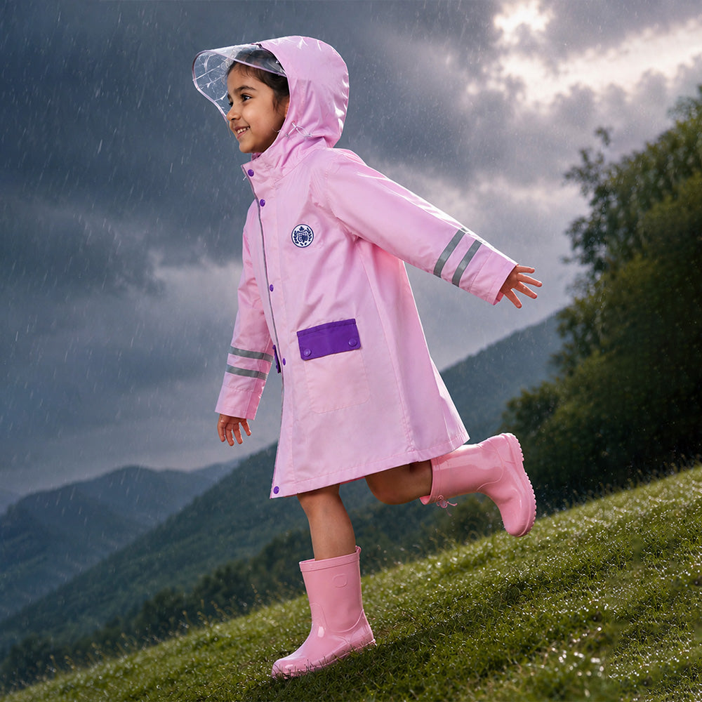 Minimal Pink & Purple Pocket Knee Length Raincoat for Kids & Teens
