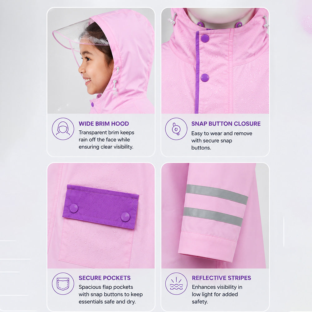 Minimal Pink & Purple Pocket Knee Length Raincoat for Kids & Teens