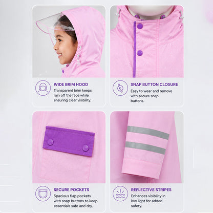 Minimal Pink & Purple Pocket Knee Length Raincoat for Kids & Teens