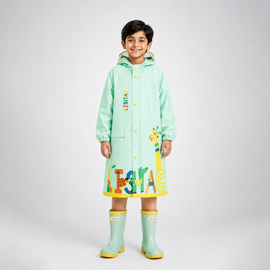 Mint Giraffe Knee Length Raincoat for Kids