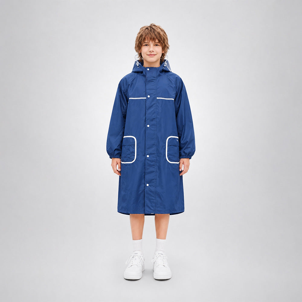 Navy Blue Pocket Patch long Length Raincoat for Kids & Teens