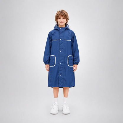 Navy Blue Pocket Patch long Length Raincoat for Kids & Teens