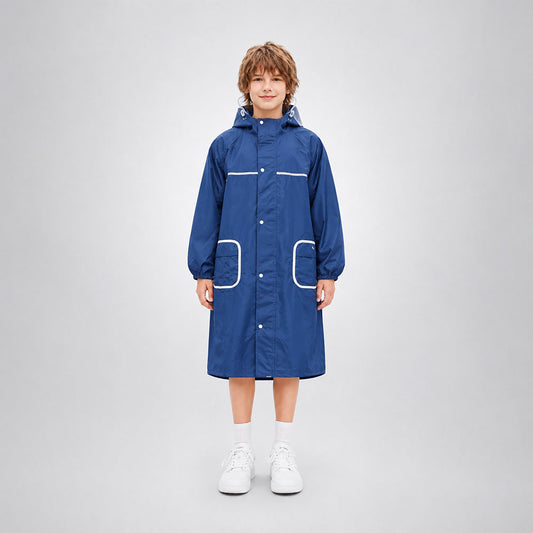 Navy Blue Pocket Patch long Length Raincoat for Kids & Teens