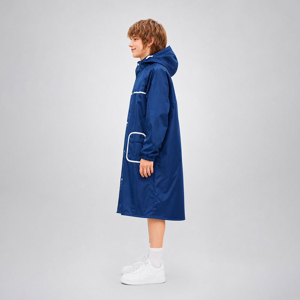 Navy Blue Pocket Patch long Length Raincoat for Kids & Teens